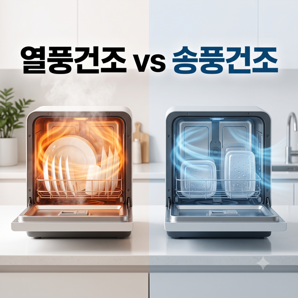 식기세척기 열풍건조와 송풍건조 방식 비교, 좌측 고온 열풍 건조 식기세척기와 우측 물방울이 맺힌 송풍 건조 용기 비교 썸네일